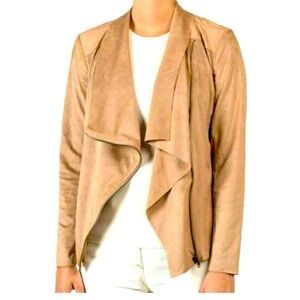 Mote Women’s Moto Jacket- Faux Suede Beige Zipper Stretch Drape Collar